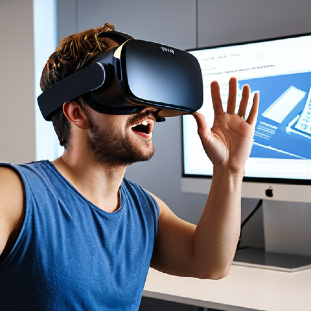 **

A developer wearing a VR headset, enthusiastically gesturing at a screen displaying Unity's interface. The screen is filled with code and a 3D model of a simple VR scene. The background is a modern, well-lit office space. Focus is on the developer's energy and the accessibility of Unity.

**