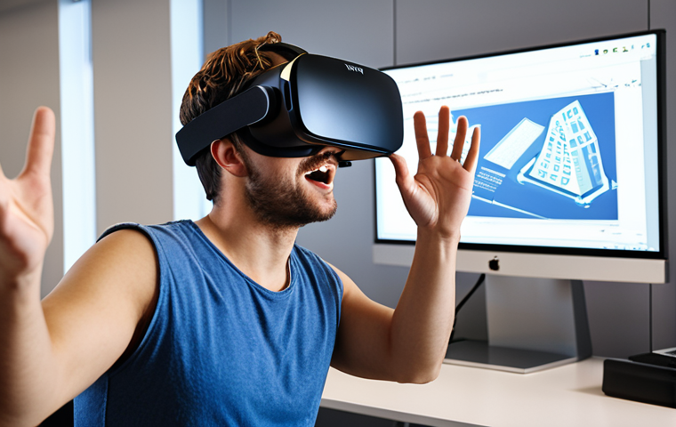 **

A developer wearing a VR headset, enthusiastically gesturing at a screen displaying Unity's interface. The screen is filled with code and a 3D model of a simple VR scene. The background is a modern, well-lit office space. Focus is on the developer's energy and the accessibility of Unity.

**