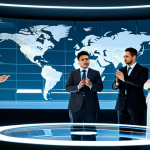 A group of diverse professionals, fully clothed in modern business attire, actively collaborating within a futuristic virtual office environment. They are gathered around a holographic display showing complex data, with interactive 3D projections floating in the air. The setting is bright, clean, and technologically advanced, emphasizing seamless global teamwork. Natural pose, correct proportions, well-formed hands, proper finger count. Professional photography, high quality, safe for work, appropriate content, modest clothing, family-friendly.