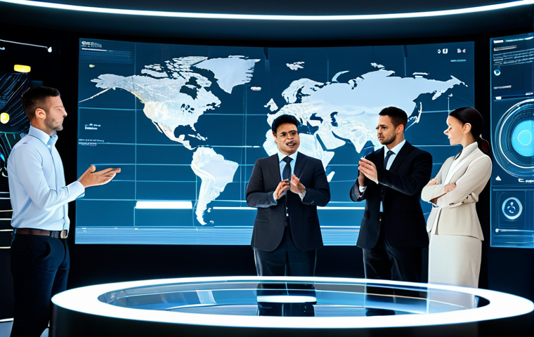 A group of diverse professionals, fully clothed in modern business attire, actively collaborating within a futuristic virtual office environment. They are gathered around a holographic display showing complex data, with interactive 3D projections floating in the air. The setting is bright, clean, and technologically advanced, emphasizing seamless global teamwork. Natural pose, correct proportions, well-formed hands, proper finger count. Professional photography, high quality, safe for work, appropriate content, modest clothing, family-friendly.
